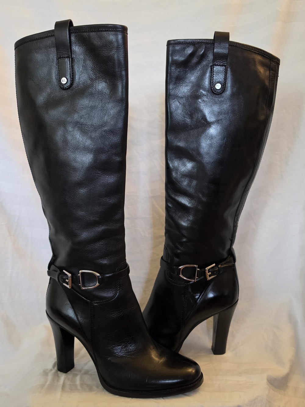 Ralph Lauren Collection Black Leather Knee-High Heeled Boots with Buckle Detail